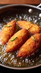 Fototapeta premium Golden-brown breaded snacks, possibly stuffed jalapeños or poppers, are deep-frying in hot oil in a dark pan.