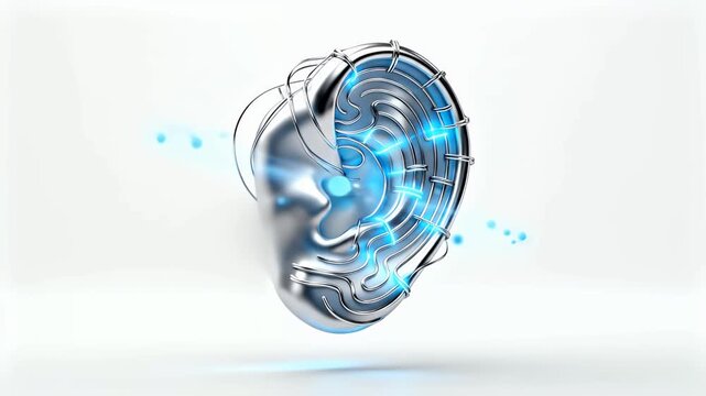 A futuristic bionic ear with glowing blue circuits representing advanced hearing aid technology