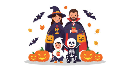 Fototapeta premium Joyful Halloween Community Celebration with Diverse People Dressed in Costumes, Holding Trick-or-Treat Pumpkins and Bags