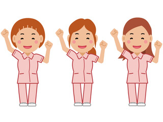 大きな身振りで応援するピンクの制服の女性看護師。その2