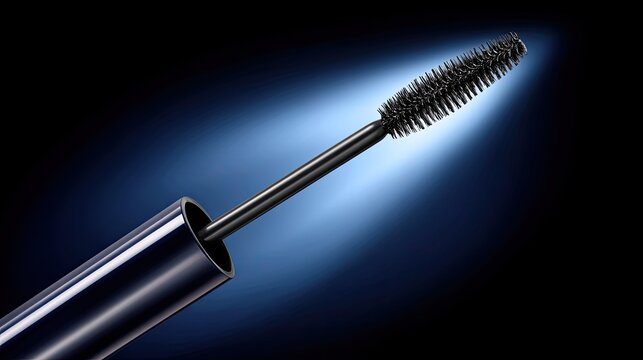Close-Up of Black Mascara Wand with Glossy Tube Against Dark Background Highlighting Beauty Cosmetics