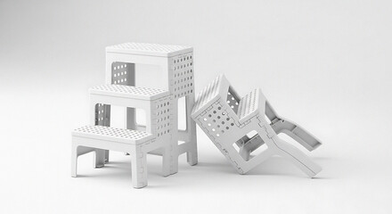 A studio shot of two white plastic step stools one upright and one on its side against a white backdrop