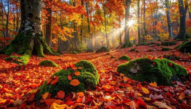 Forest scene with vibrant autumn foliage and sun shining through trees