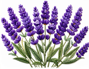 Fototapeta premium Purple Lavender Blossoms with Green Leaves Floral Arrangement on White Background