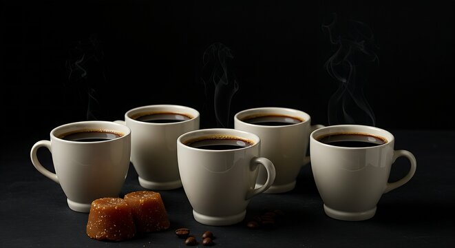 A set of thin porcelain cups filled with dark,rich Colombian Tinto with a single small piece of panela nearby,subtle steam rising,soft low-key lighting against the deep black backdrop