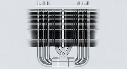 Close up of a silver computer cpu cooler with heat sink fins and copper heat pipes on a white background