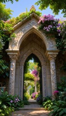 Fototapeta premium Enchanting stone archway entrance to a lush secret garden