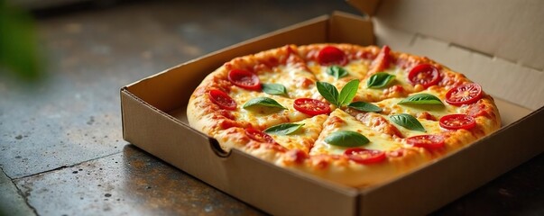 Hot and Fresh Pizza Delivery Arrives Home, Safely Nestled in a Cardboard Box Ready to Enjoy a Tasty Takeout Meal