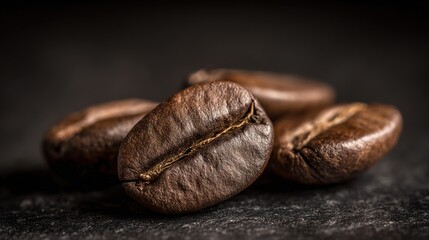 stimulant. A macro shot of roasted coffee beans with textured details on a dark slate background. bar promotions, beverage menus, designed for product packaging and bar promotions.