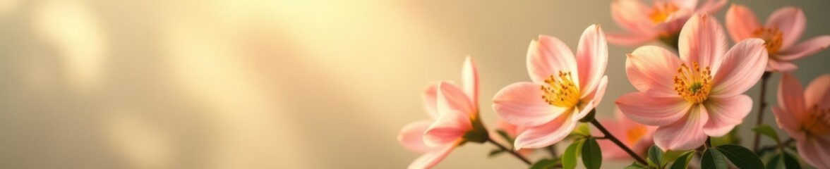 Fototapeta premium Soft focus summer blooms, sunlight dappled on beige linen , aesthetic, pastel