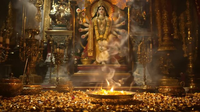 Goddess Durga Idol with Dhunuchi Smoke and Petals in Golden Light for Durga Puja Festival Celebration