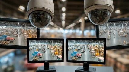 A huge indoor facility in the retail industry is monitored and kept secure by security cameras and monitor displays showing warehouse video. - Powered by Adobe