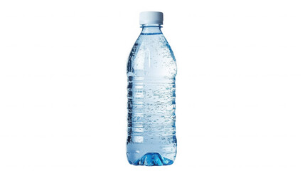 A clear plastic water bottle filled with water and small bubbles against a  transparent background studio shot