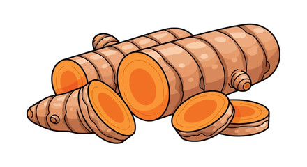 Illustration of sliced turmeric root on a white background
