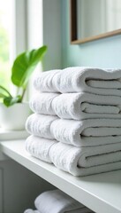 Stacked Fluffy Bath Towels in a Modern Bathroom Clean, Organized, and Ready for Use.  A picture showcasing order, hygiene, and bright interior design.