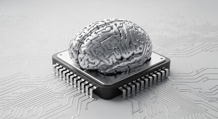 Modern AI brain atop CPU chip for innovative technology solutions and future science concepts, showcasing artificial intelligence and digital transformation