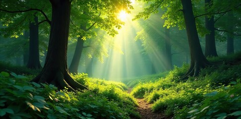 Sunlit Forest Canopy Vibrant Green Foliage and Dappled Shadows, Tranquil Summer Woodland Scene