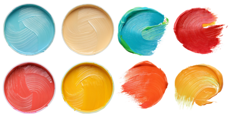 Colorful Paint Swatches in Circular Containers and Brush Strokes, isolated on transparent background