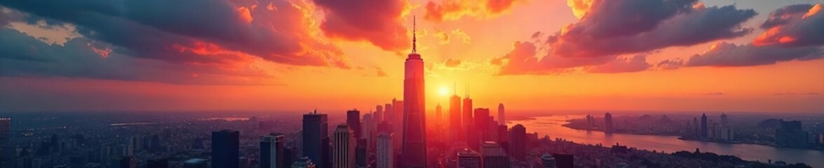 Dramatic Sunset Hues Illuminate Skyscraper, Casting Long Shadows Across Cityscape