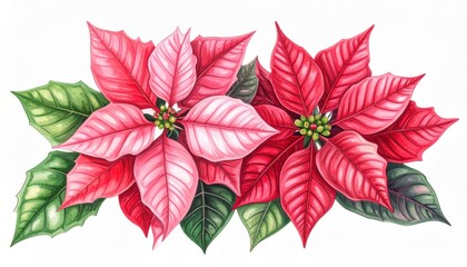 Obraz premium Two Poinsettia Plants Featuring Red and Pink Bracts with Green Leaves on a White Background