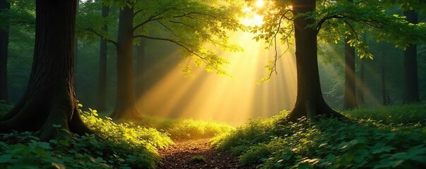 Sunlit Forest Floor Magical Light and Shadow Dapple Lush Green Foliage, Perfect for Nature, Fantasy, and Environmental Projects