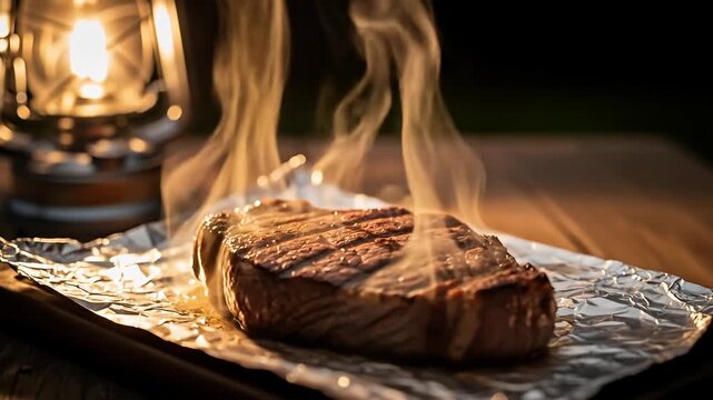 Grilled steak sits smoking on foil, illuminated by warm light of an antique lantern