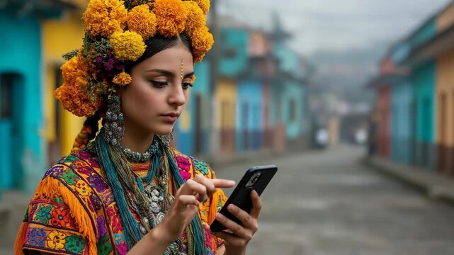 Day Of The Dead, Colorful Street Scene Woman Vibrant Traditional Attire Using Smartphone to Showcase Cultural Beauty
