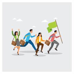 Businessman leader holding winner flag with employees leading to success.