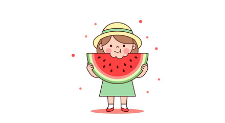 Fototapeta premium Joyful Child Biting A Watermelon Slice Enjoying Summer, Eating Fresh Fruit