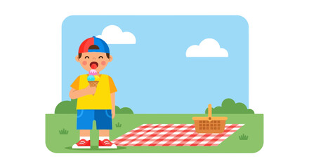 Obraz premium Joyful Child Consuming Ice Cream Outdoors During Sunny Day Picnic Fun
