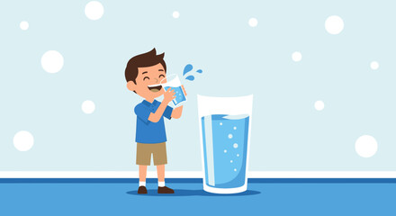 Joyful Child Drinks Fresh Water: Hydration, Health, And Animated Illustration