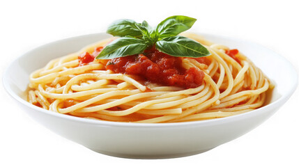 A bowl of spaghetti with tomato sauce and basil leaves on a  transparent background ready to be served