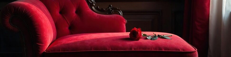 Sensual Shadows Red Rose and Velvet Chaise Lounge, Mysterious and Alluring