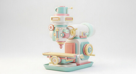 A pastel colored milling machine standing on a white surface in a studio setting with soft lighting