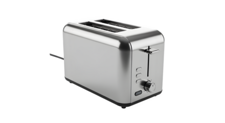 Closeup of a modern stainless steel toaster isolated on transparent background, a common kitchen appliance for making toast and heating bread slices