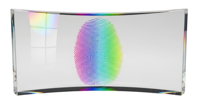 Curved glass with colorful light refraction.