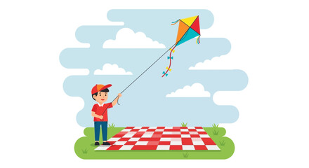 Fototapeta premium Joyful Child Flying A Colorful Kite At Picnic Spot Under A Clear Sky