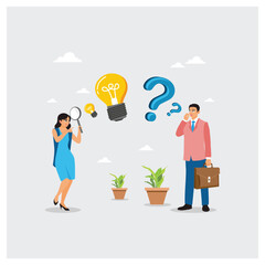 Business people explore ideas question mark and light bulb bubble.