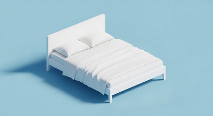 A minimalist white bed with pillows and sheets on a light blue background in a studio setting