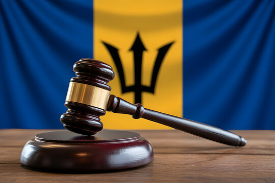 Gavel on wooden stand with Barbados flag background, symbolizing justice, law, and court proceedings