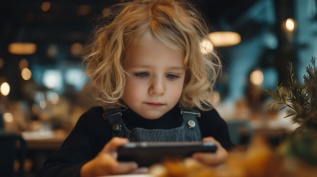 Children Engaged With Smartphones in a Modern Restaurant Setting: Exploring Digital Interactions and Urban Lifestyle - Powered by Adobe