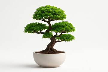 Miniature bonsai tree in white ceramic pot, symbol of patience, balance and natural art