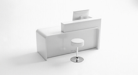 A minimalist all white reception desk with a monitor and a stool on a plain white background scene