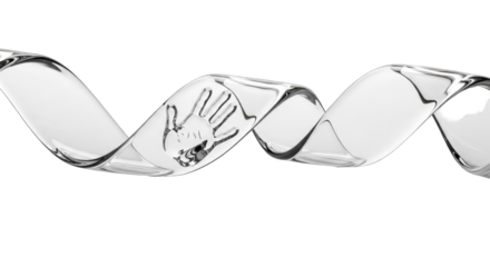 Human hand print embedded within a transparent glass DNA helix spiral.