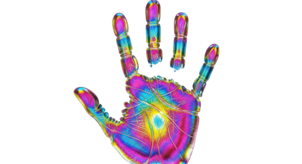 Colorful handprint art with vibrant psychedelic patterns.