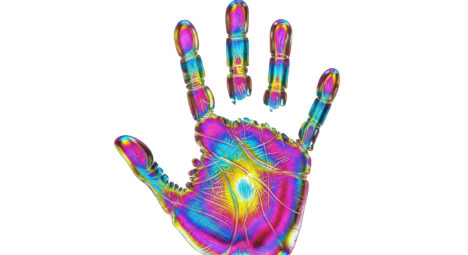 Colorful handprint art with vibrant psychedelic patterns.