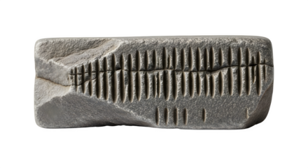 Ancient cuneiform tablet fragment with inscriptions, providing a glimpse into early writing systems, isolated on transparent background