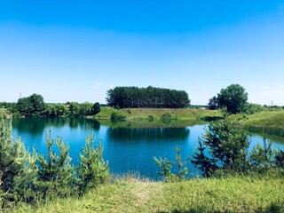 Blue lake in greenery