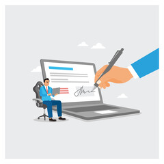 Businessman signing signature on digital document on laptop.