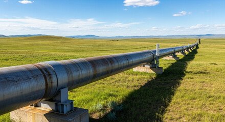 Vital energy pipeline stretches across stunning green landscape under a bright blue sky, symbolizing infrastructure and natural resources management